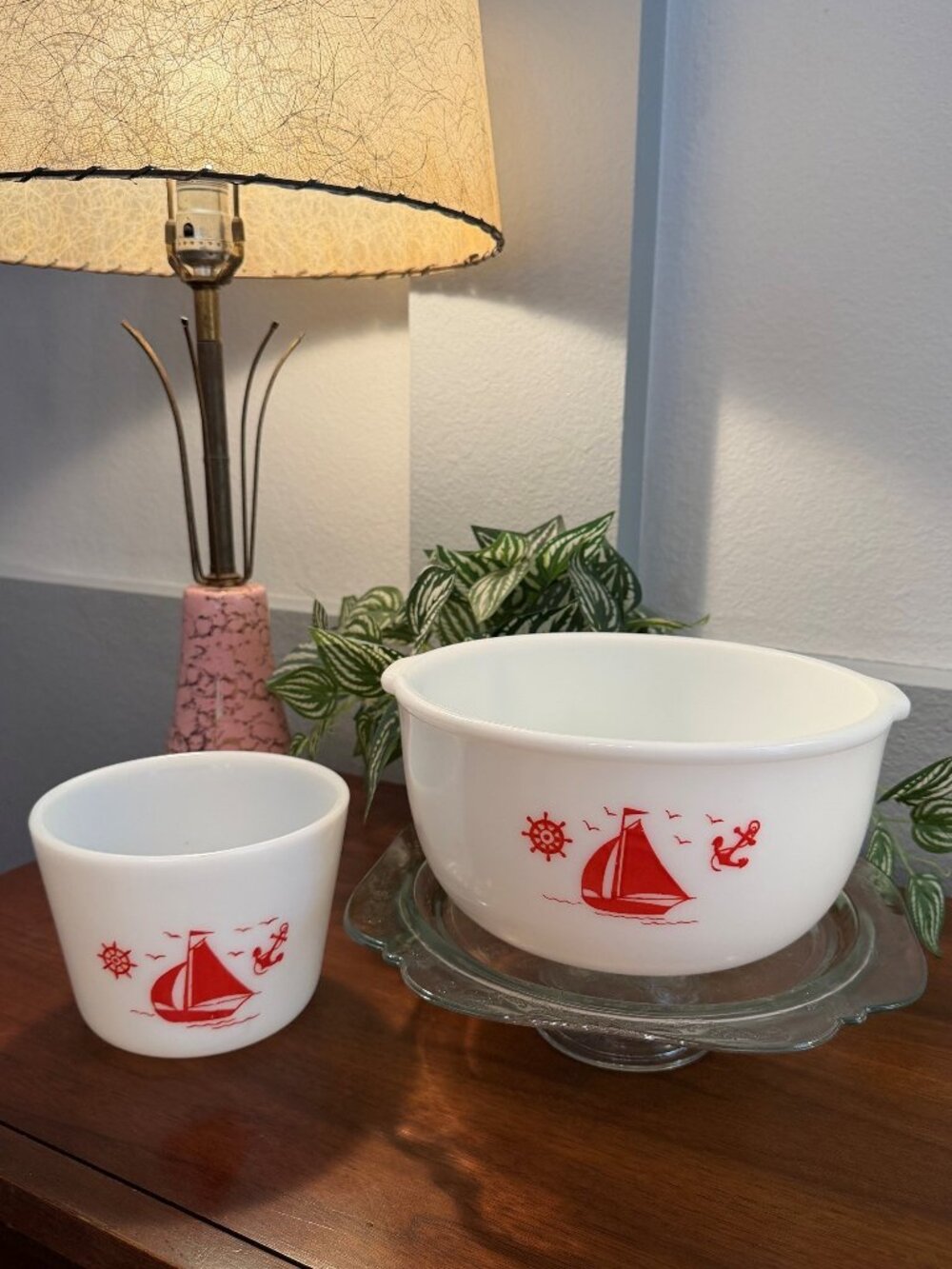 Vintage McKee Red Sailboat Milk Glass Mixing Bowl & Small Jar